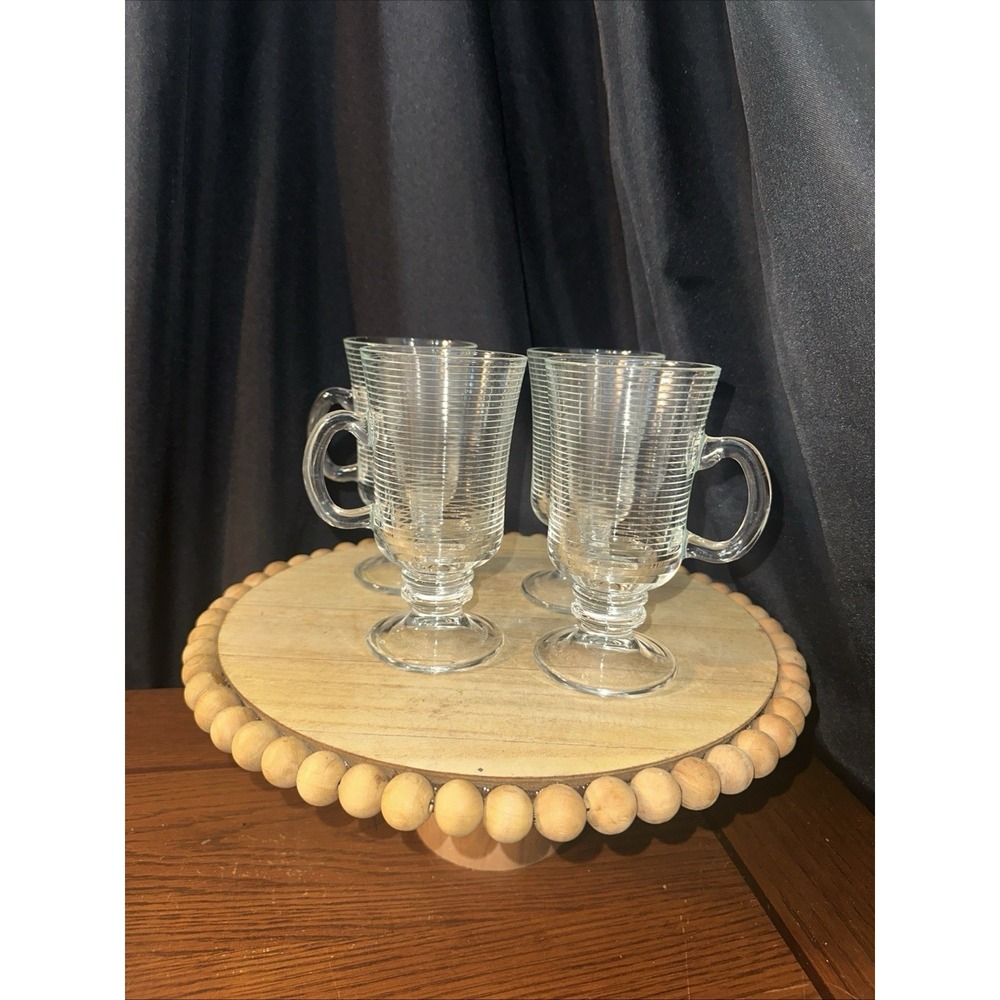 Set of Four (4) Irish Coffee Ribbed Texture Glass Pedestal Mugs Made In Portugal
